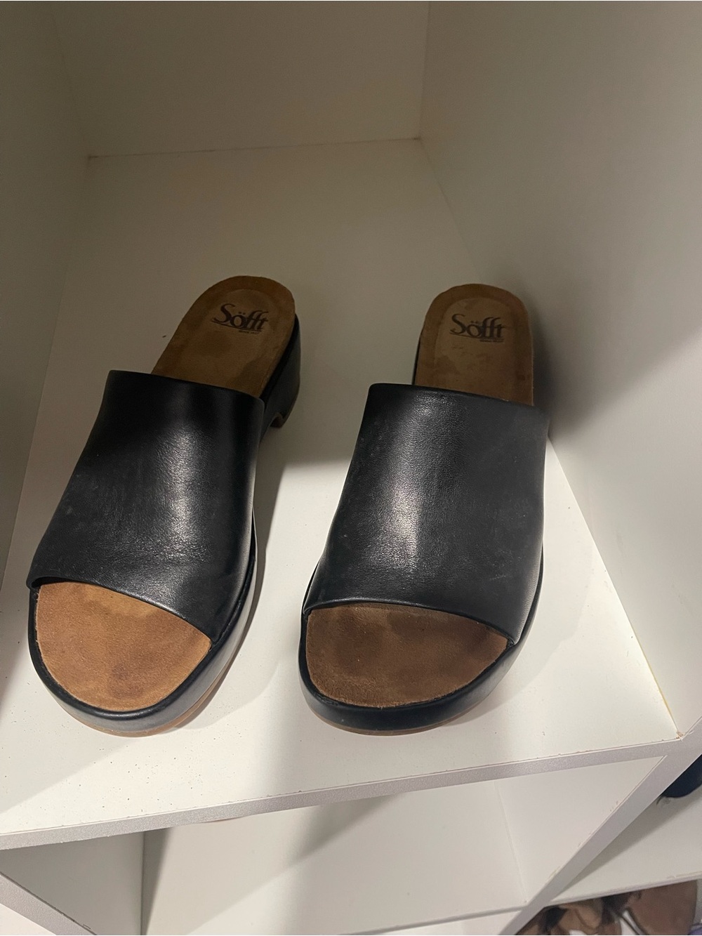 Sofft Black Leather Open-Toe Slide Sandals with Brown Footbed